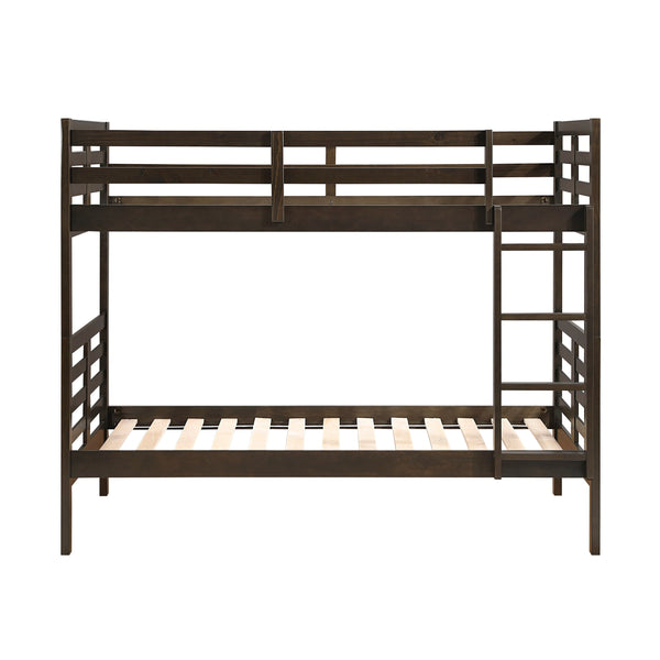 English Elm Twin Twin-over-Twin Bunk Bed with Guard Rails and Integrated Ladder, Oak-Veneer Durable Frame, Space-Saving Design Dark Brown 44 L x 34.5 W x 7 H B011S01851