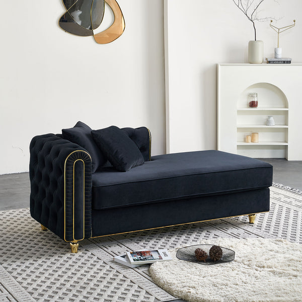 English Elm 66.9''W Velvet Chaise Lounge with Tufted Back and Gold Trim, Luxury Modern Sofa for Living Room Black W579P224635