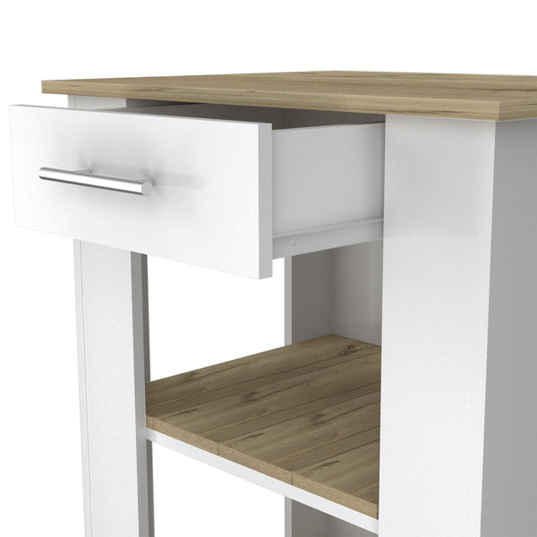 English Elm Brooklyn Two-tone Kitchen Island with Oak Top Open Shelves Drawer and Towel Rack B128P148882