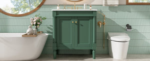 English Elm 30" French Style Bathroom Vanity with Ceramic Basin Soft Close Doors Wood Legs Green N710P415327F