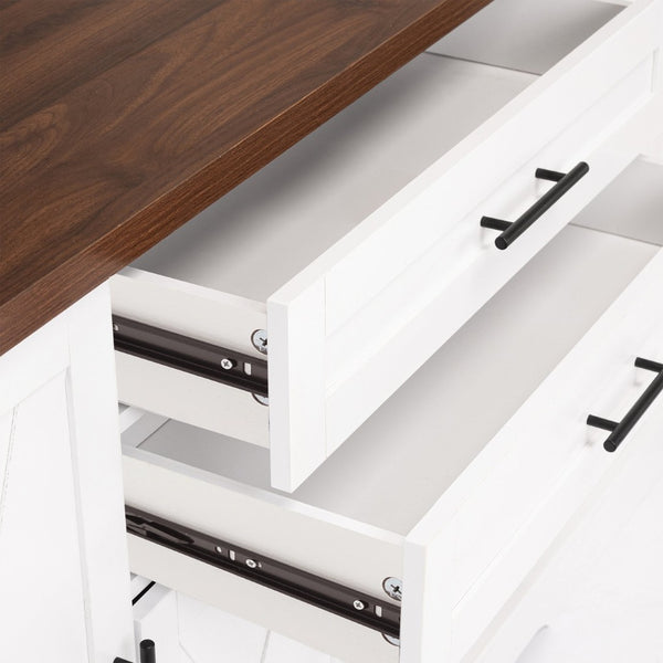 English Elm 63" Fluted Mdf Sideboard with Wood Tone Top Four Doors Three Drawers Dining Storage White W2917S00013