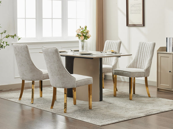 English Elm Rayon High Back Dining Chair Set with Plush Flocking Upholstery, Golden Stainless Legs, Comfort-Focused Design Beige W1143P293313