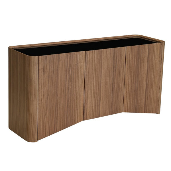VIG Furniture Barbon Walnut Buffet With Gloss Black Glass Top, 3-Door Storage, Soft-Close Doors, Modern Design VGRY-RY-1342
