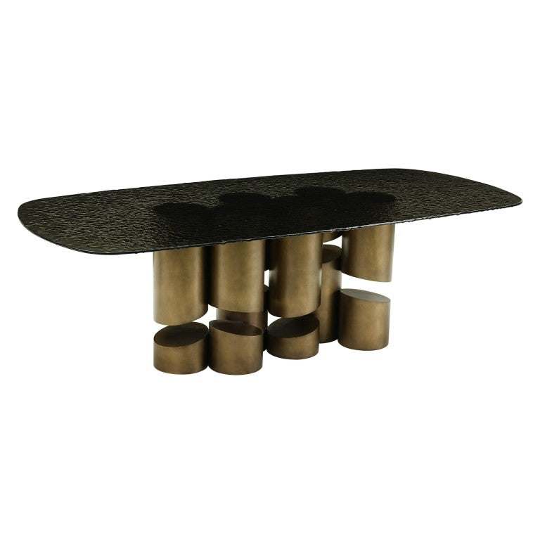 VIG Furniture Chancery Sculptural Dark Grey/Blue Glass Dining Table With Antique Brass Pedestal, Seats 8 Elegantly VGRY-RY-1323