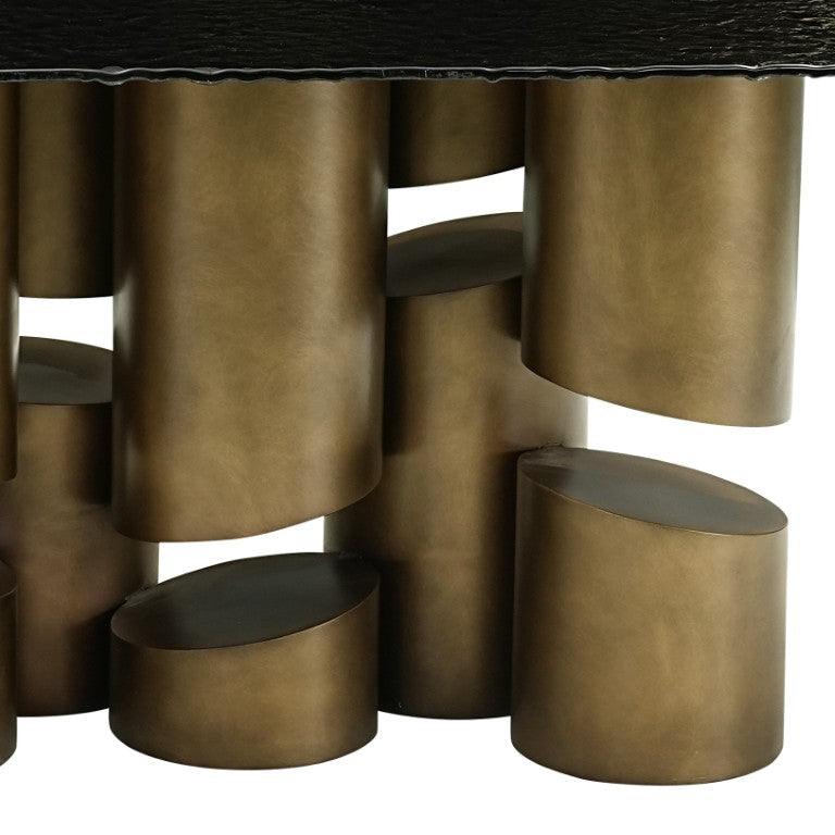 VIG Furniture Chancery Sculptural Dark Grey/Blue Glass Dining Table With Antique Brass Pedestal, Seats 8 Elegantly VGRY-RY-1323