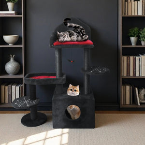 English Elm Black Gothic Multi-level Cat Tower with Coffin Perch Sisal Posts and Hammock W243P326635