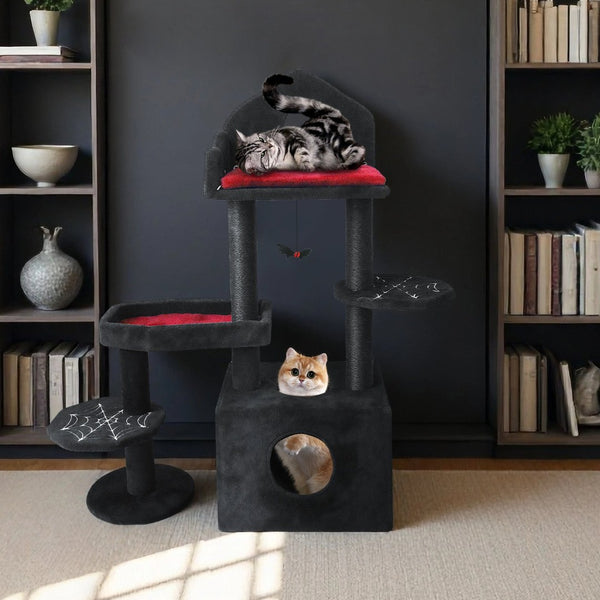 English Elm Black Gothic Multi-level Cat Tower with Coffin Perch Sisal Posts and Hammock W243P326635