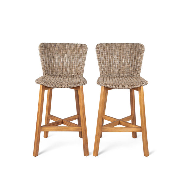 English Elm Christopher Knight Home® - Lymington Outdoor Bar Stool Set of 2 — Durable Acacia & Wicker Craft, Ergonomic 105° Backrest Comfort Light Brown,Teak N775P278094B