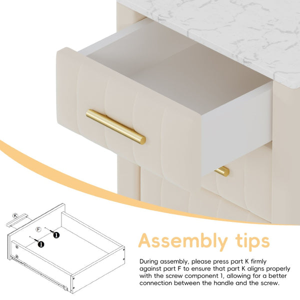 English Elm Upholstered Velvet Nightstand with Faux Marble Top Three Drawers and Slim Metal Legs Beige N733P208520A