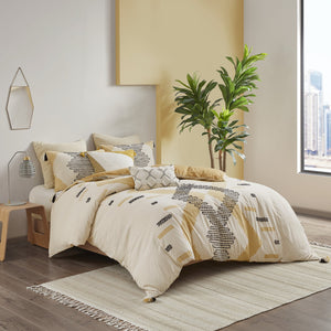 English Elm Full/Queen Arizona 3-Piece Cotton Duvet Cover Set with Yellow-Grey Geometric Print, Tassels & Ties B035129127
