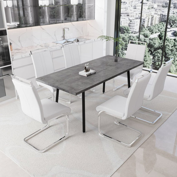English Elm 55.12-70.87" Expandable Square Dining Set Seats Six with Cushioned Faux Leather Chairs Grey+White W2189S00907