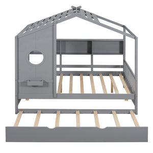 English Elm Wooden Full Size House Bed with Trundle and Built-In Shelves — Modern Pine Frame, Whimsical Roof Design Gray 57.2 L x 16.25 W x 5.9 H N733S316125E