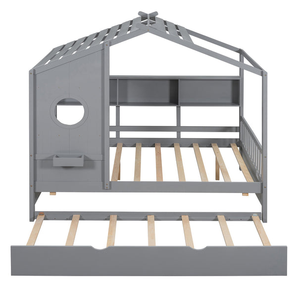 English Elm Wooden Full Size House Bed with Trundle and Built-In Shelves — Modern Pine Frame, Whimsical Roof Design Gray 57.2 L x 16.25 W x 5.9 H N733S316125E
