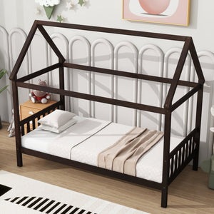 English Elm Twin House Bed with Headboard and Footboard — Space-Saving Rubberwood Frame, Playful Architectural Design Espresso W504P225958
