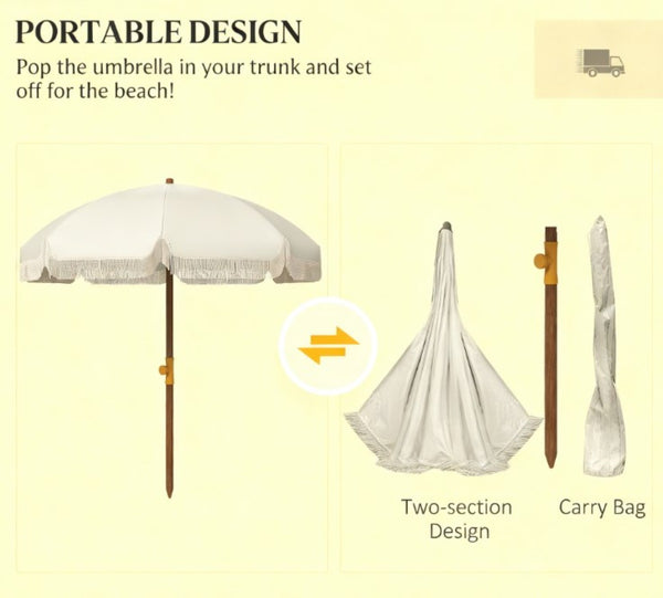 English Elm Portable Beach Umbrella Uv40 Silver Coated Canopy Vented Fringe Trim with Carry Bag T3971P427361