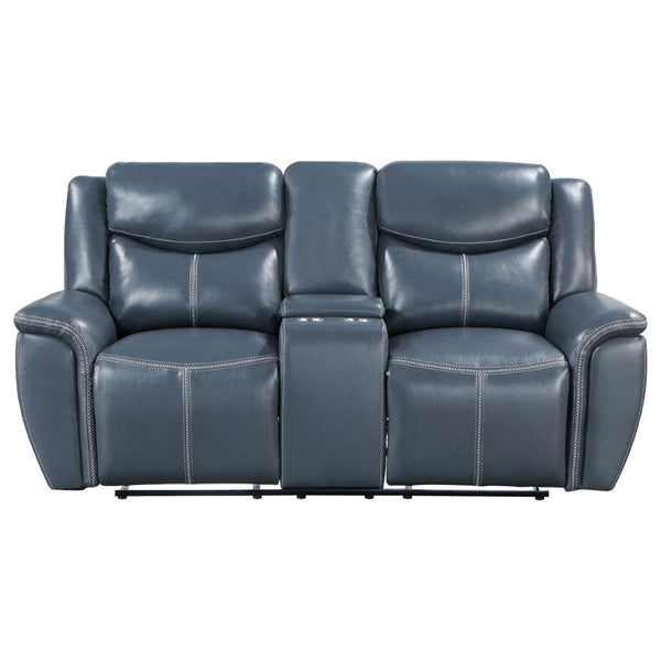 English Elm Stanwicke Blue Motion Reclining Loveseat With Console - Stylish Comfort, Cupholders & Storage Space B062P354056-GIGA