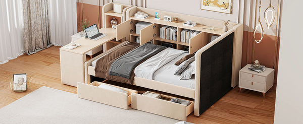 English Elm Twin Upholstered Daybed with Velvet Finish, High Back Shelves, Flip Cabinets, Drawers & Side Table Beige SF000196AAA