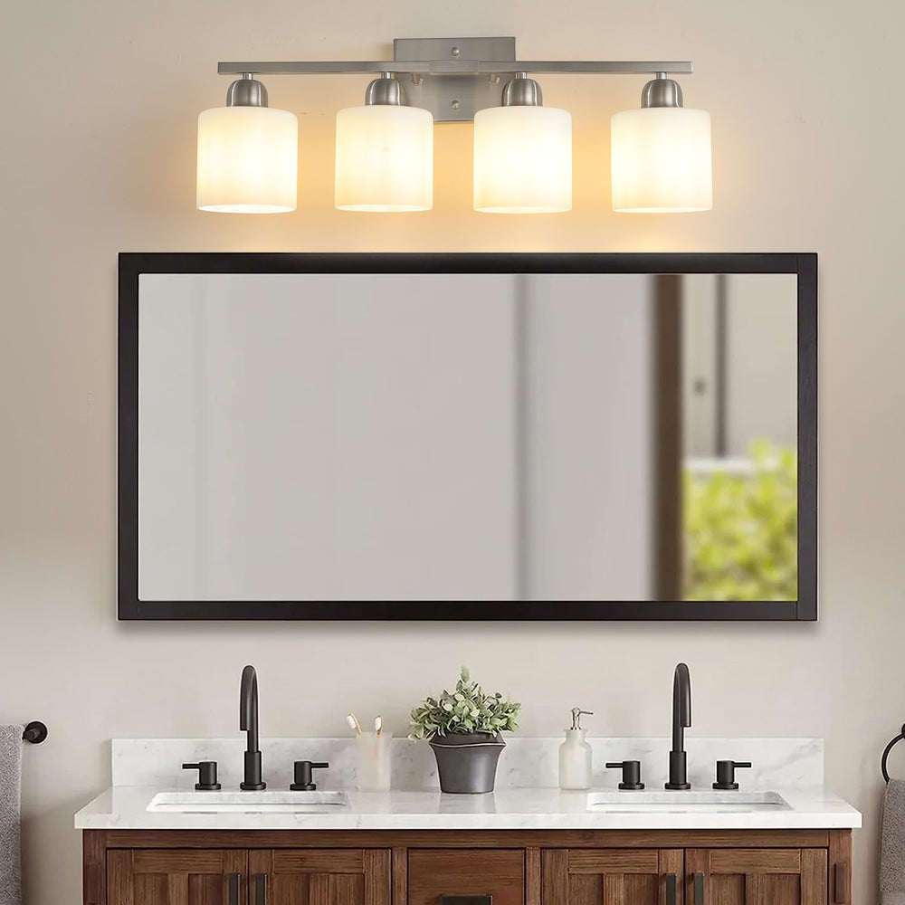 English Elm Brushed Nickel 4-Light Modern Bathroom Vanity Fixture With Frosted Glass Shades For Elegant Lighting W2312P374851
