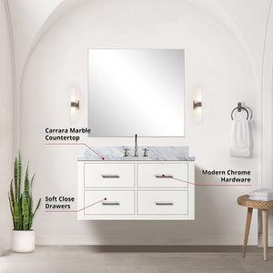 English Elm White Single-Basin Vanity Set With Carrara Marble Top, Frameless Mirror & Chrome Faucet For Elegant Bath B2731S01981-GIGA