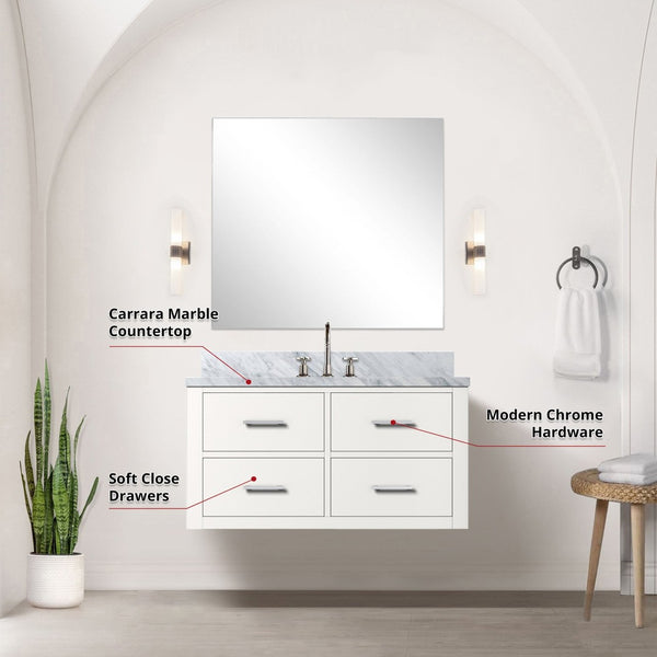 English Elm White Single-Basin Vanity Set With Carrara Marble Top, Frameless Mirror & Chrome Faucet For Elegant Bath B2731S01981-GIGA