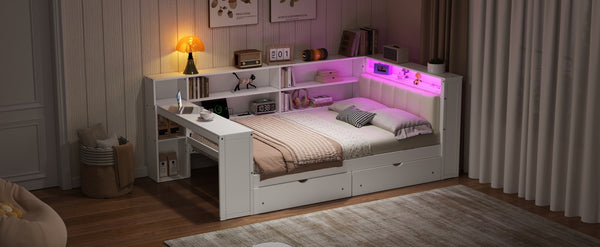English Elm Wood Full Size Gaming Loft Bed with Integrated Desk, Shelves, LED Lighting & Hanging Clothes Rack Beige+White N7090001047K