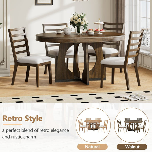 English Elm Trexm Extendable Round Dining Set Oak Veneer Sculptural Base Seats Four to Six Walnut ST000131AAP-2026
