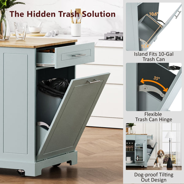 English Elm K&k Rolling Kitchen Island Rubber Wood Top Fluted Cabinet Built-in Charging Station Grey+Blue N707S221571G