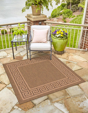 Unique Loom Outdoor Border Greek Key Machine Made Geometric Rug Brown, Light Brown/Gold 5' 4" x 6' 1"