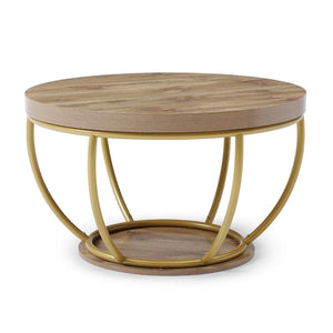English Elm 31" Round Industrial Coffee Table Wood Grain Veneer Top Two Tier Open Shelf Living Room Golden W1117P414752