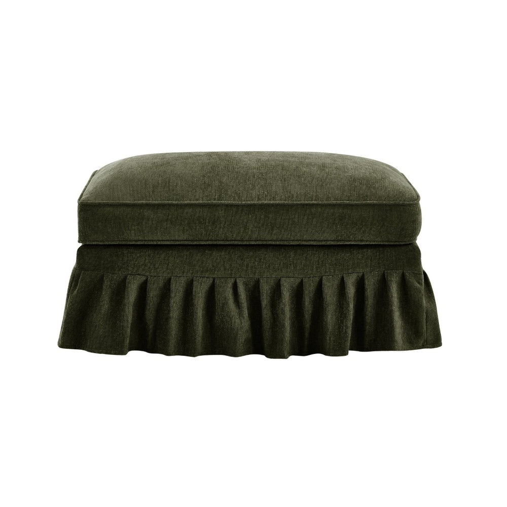 English Elm Ottoman Chenille Upholstered Accent Piece with Spindle Legs and Detachable Ruffle Skirt Green W3041P332638