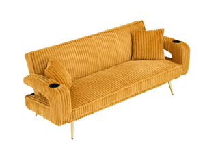 English Elm 74.01 Corduroy Convertible Sofa Bed with 3-Level Recline, Cup Holders, Solid Wood Frame, 500lb Capacity Orange W1658P251985