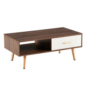 English Elm Rectangle Coffee Table With Solid Wood Legs & Sliding Drawer - Modern Walnut Design For Living Room W1265P236879-GIGA