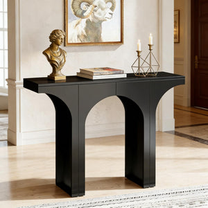 English Elm Entryway Console Table with Sculptural Stacked Wood Panels and Open Arc Base T3971P453499