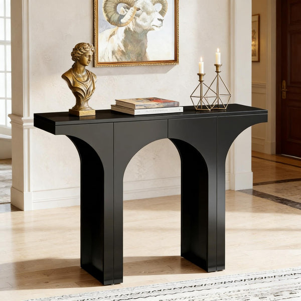 English Elm Entryway Console Table with Sculptural Stacked Wood Panels and Open Arc Base T3971P453499