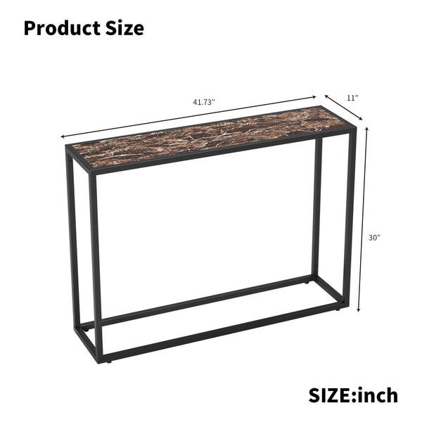 English Elm Narrow industrial console table with marble-edge wrap, space-saving foyer shelf, sturdy metal frame W578P357536