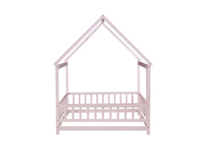 English Elm Full Size House Floor Bed With Roof Frame & Guardrails - Cozy Pink Wooden Design For Kids W504P286410