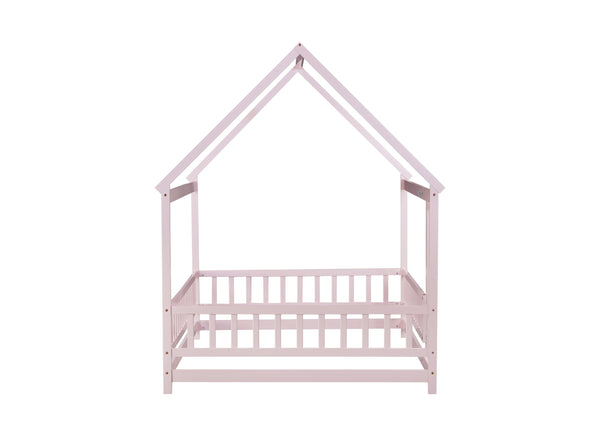English Elm Full Size House Floor Bed With Roof Frame & Guardrails - Cozy Pink Wooden Design For Kids W504P286410
