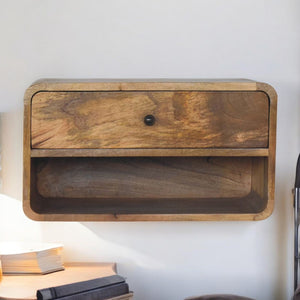 English Elm Solid Wood Large Floating Bedside Table With Curved Open Slot & Spacious Drawer For Modern Bedrooms B182P234128-GIGA