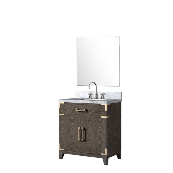 English Elm Brown Oak Single Sink Vanity Set With Carrara Marble Top, Chrome Faucet & 28" Mirror For Elegance B2731S02002