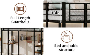 English Elm Iron framed bunk bed with L-shaped study desk and dual-side stairs, space-saving durable design Black W1935P330795