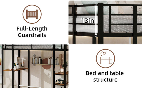 English Elm Iron framed bunk bed with L-shaped study desk and dual-side stairs, space-saving durable design Black W1935P330795