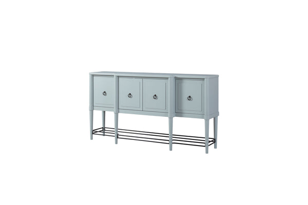 English Elm Breakfront Ocean Finish Sideboard - Light Blue Solid Wood & MDF, Power Ready, Metal Accents, 4 Cabinets B2699P224825