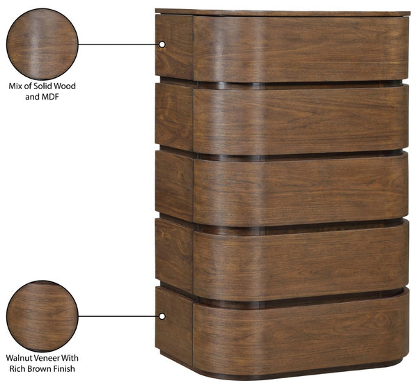 Meridian Furniture Annalise Tall Chest Mid Century Modern Bedroom Dresser with Rounded Edges and Natural Wood Veneer Brown 859Brown-CH