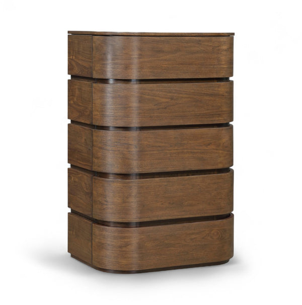 Meridian Furniture Annalise Tall Chest Mid Century Modern Bedroom Dresser with Rounded Edges and Natural Wood Veneer Brown 859Brown-CH