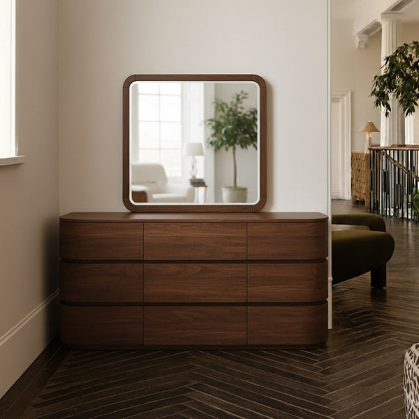 Meridian Furniture Annalise Wood Veneer Wall Mirror with Rounded Mid-century Modern Frame for Stylish Interiors Brown 859Brown-M