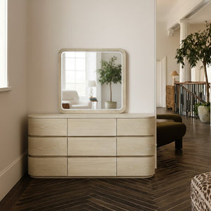 Meridian Furniture Annalise Wood Veneer Wall Mirror with Rounded Mid-century Modern Frame for Stylish Interiors Natural 859Oak-M