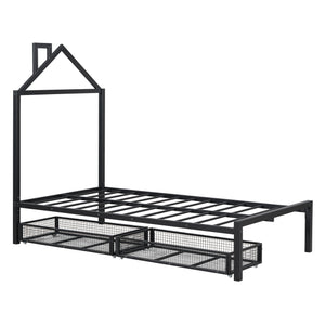 English Elm Twin Metal Platform Bed with House-Style Headboard, Sturdy Slatted Frame & Smooth Underbed Drawers for Kids and Teens (300 lb Capacity) Black MF320570AAB