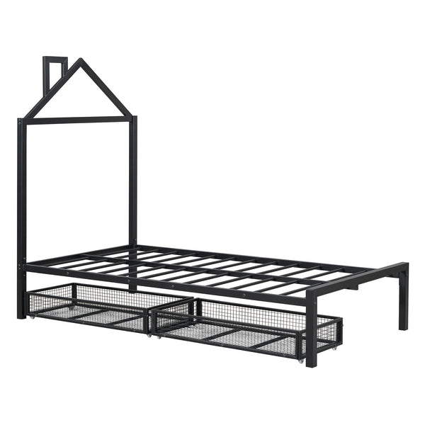 English Elm Twin Metal Platform Bed with House-Style Headboard, Sturdy Slatted Frame & Smooth Underbed Drawers for Kids and Teens (300 lb Capacity) Black MF320570AAB
