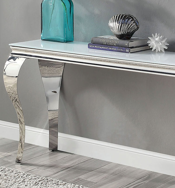 English Elm Glam Stainless Steel Coffee Table with Beveled Tempered Glass Top and Elegant Cabriole-Style Legs Silver,White 59 L x 21 W x 4 H B011S01178