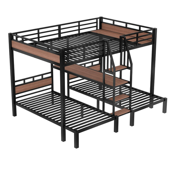 English Elm Twin Triple Bunk Bed Black Metal Frame with Built-in Storage Stairs and Shelves W1580S00620